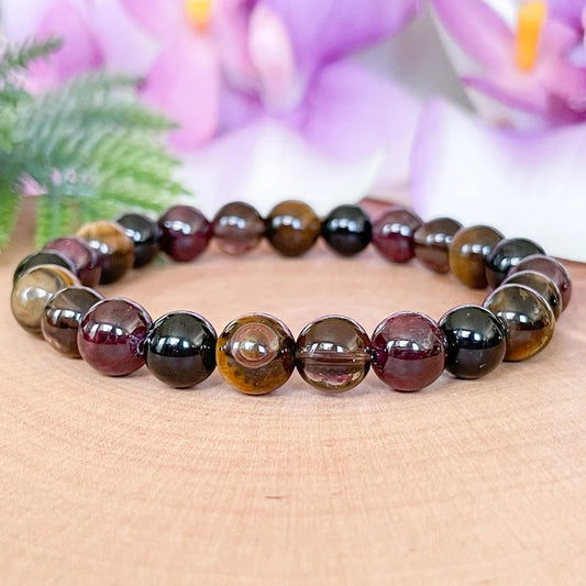 Bracelet "Bouclier Énergétique" en Œil de Tigre, Quartz Fumé, Grenat & Tourmaline Noire