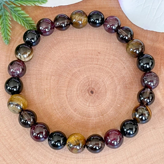 Bracelet "Bouclier Énergétique" en Œil de Tigre, Quartz Fumé, Grenat & Tourmaline Noire