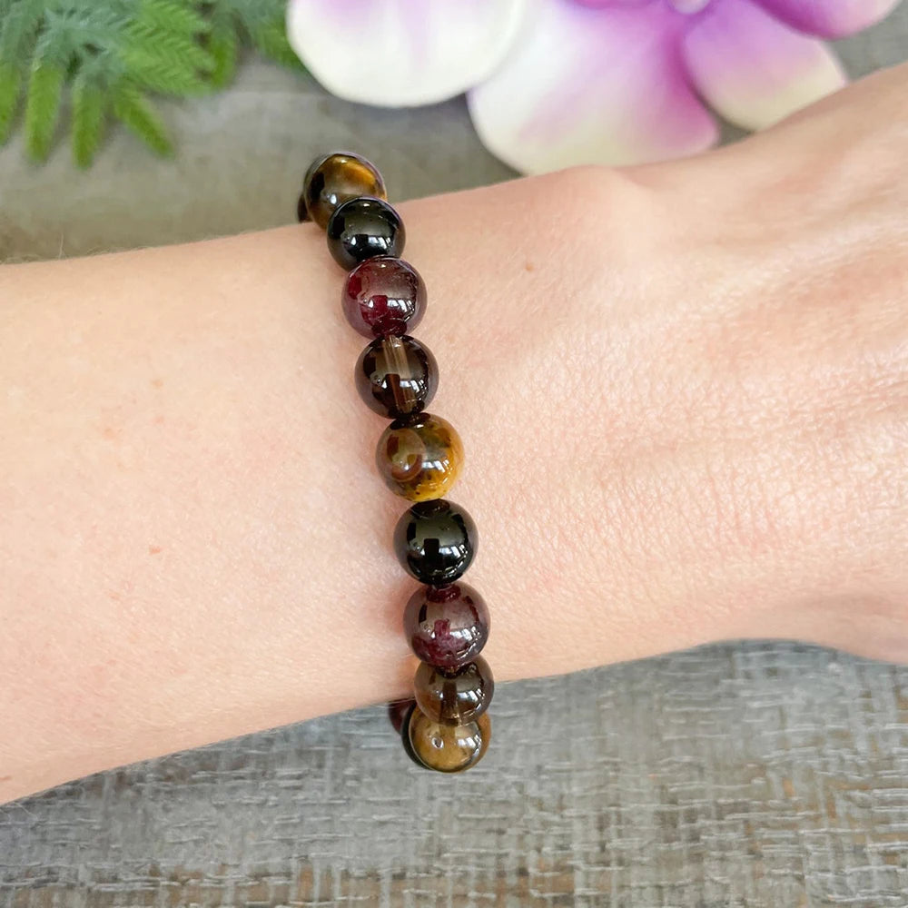 Bracelet "Bouclier Énergétique" en Œil de Tigre, Quartz Fumé, Grenat & Tourmaline Noire