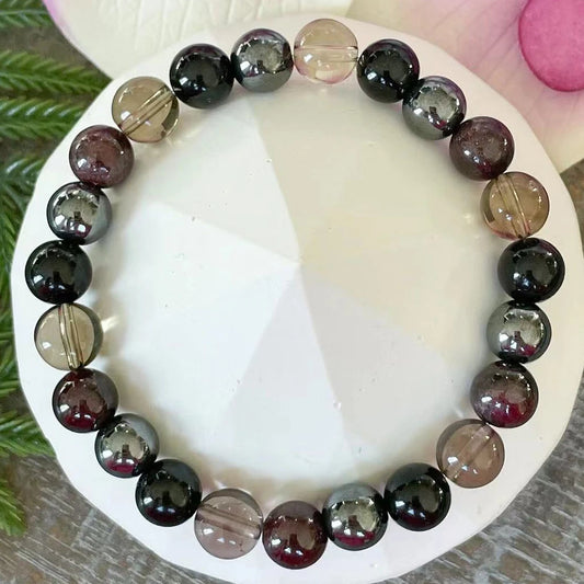 Bracelet "Équilibre & Protection" en Hématite, Tourmaline Noire, Quartz Fumé et Grenat
