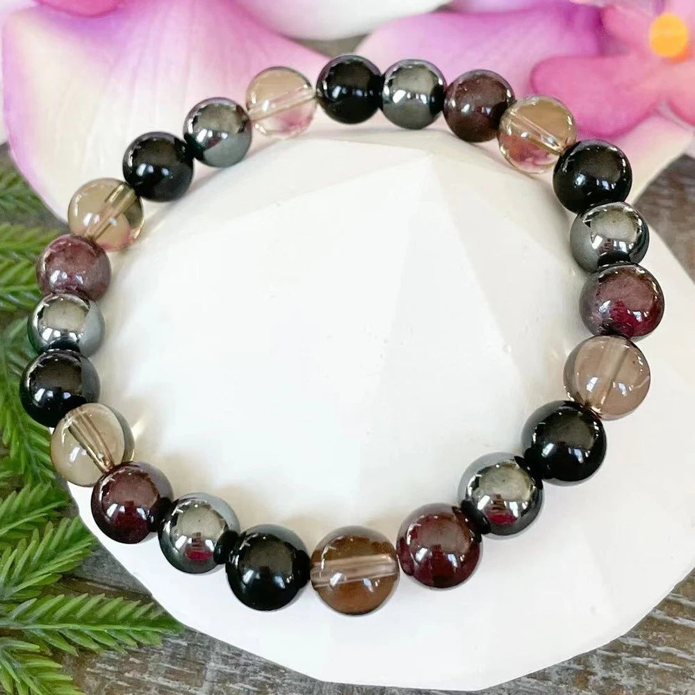 Bracelet "Équilibre & Protection" en Hématite, Tourmaline Noire, Quartz Fumé et Grenat