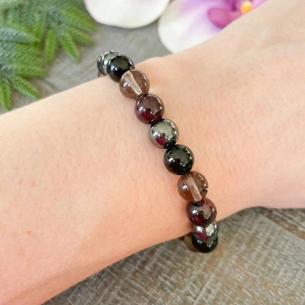 Bracelet "Équilibre & Protection" en Hématite, Tourmaline Noire, Quartz Fumé et Grenat