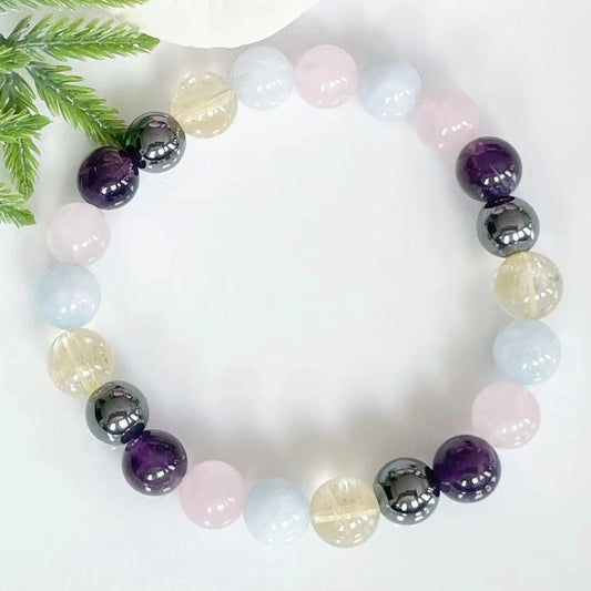 Bracelet "Harmonie Énergétique" en Aigue-Marine, Citrine, Hématite, Améthyste & Quartz Rose