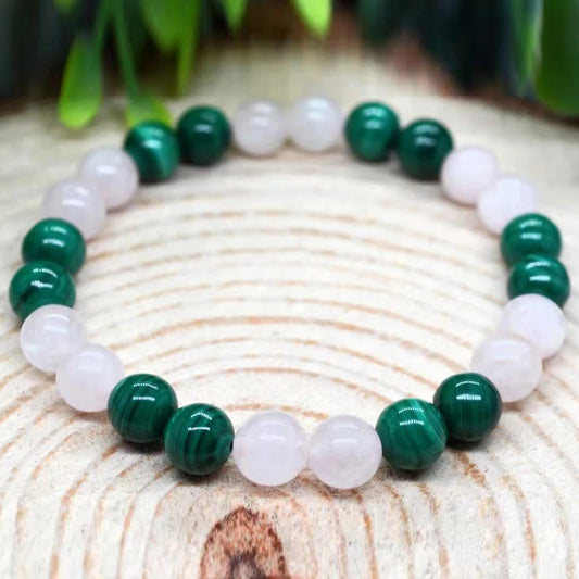Bracelet "Harmonie Spirituelle" en Quartz Rose & Malachite