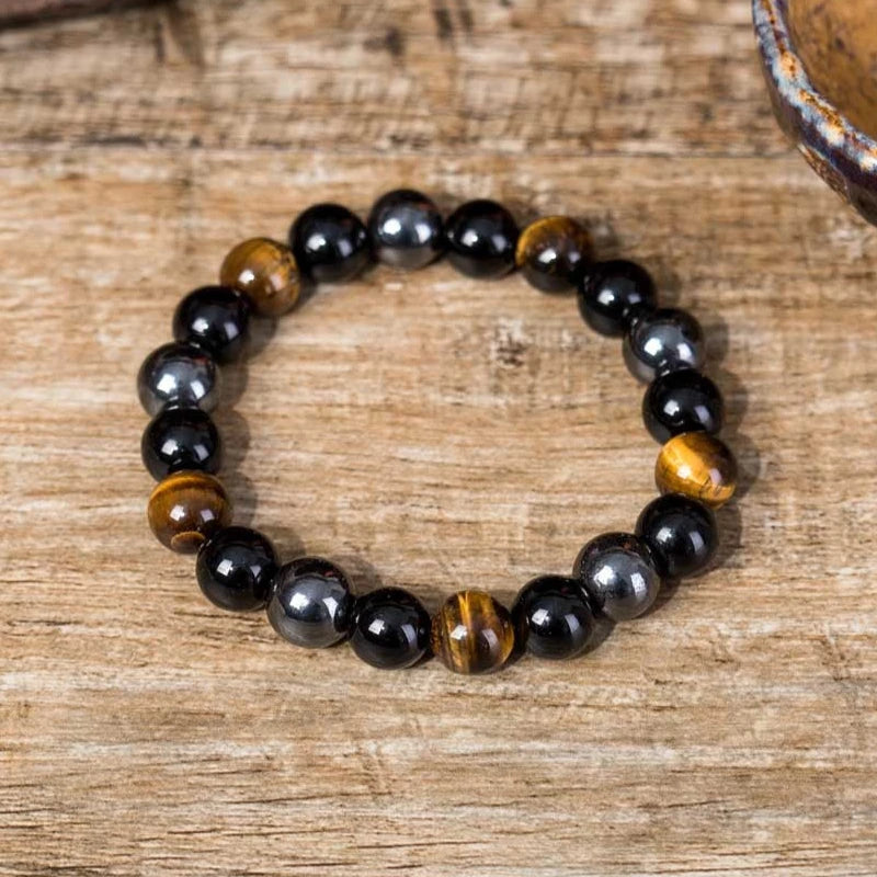 Bracelet "Triple Protection" en Œil de Tigre, Obsidienne Noire & Hématite