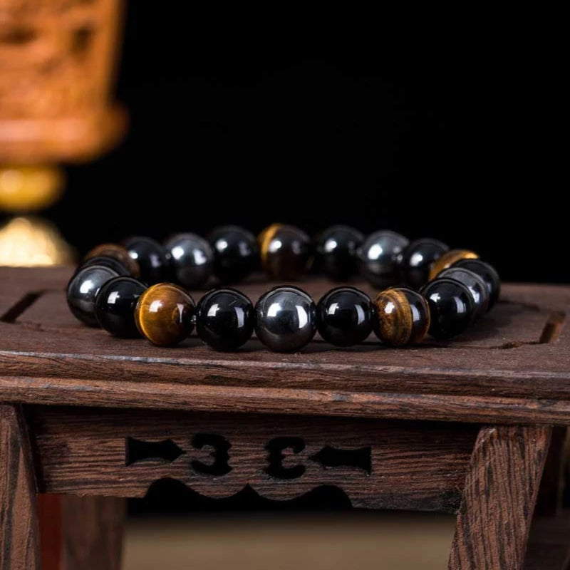 Bracelet "Triple Protection" en Œil de Tigre, Obsidienne Noire & Hématite