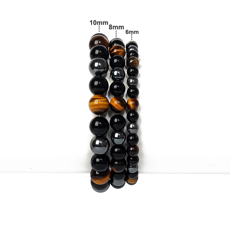 Bracelet "Triple Protection" en Œil de Tigre, Obsidienne Noire & Hématite