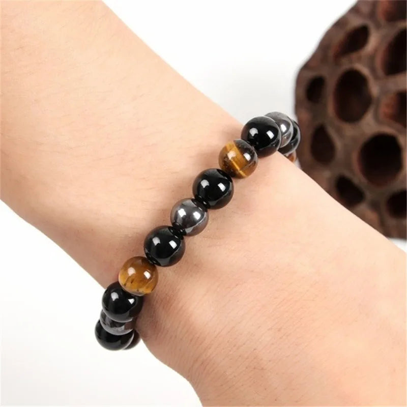 Bracelet "Triple Protection" en Œil de Tigre, Obsidienne Noire & Hématite